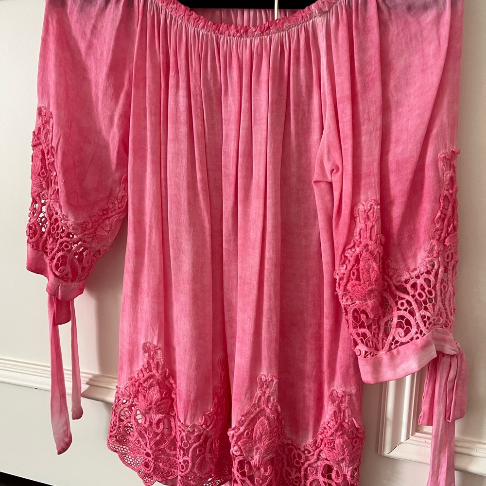Pink Lace Trim Off-Shoulder Top - Picture 2 of 6